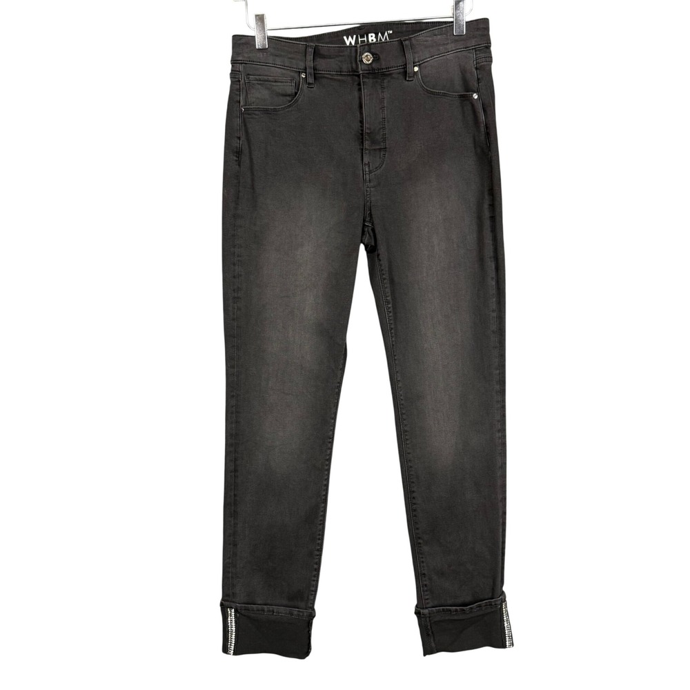 WHBM Jeans Womens 8 Black Charcoal Wash Slim Ankle Rhinestone Cuff Modern 32x28